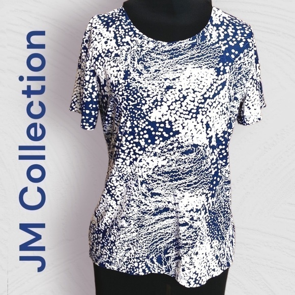 𝅺JM Collection Abstract Short Sleeve Top Blue White PM Petite Medium - Picture 1 of 9